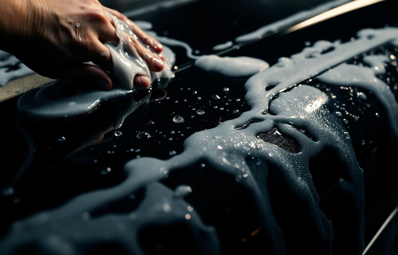 Glossy car being hand-washed